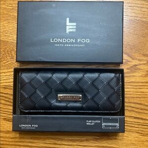 NEW London Fog Black Quilted Flap Clutch Wallet with Gold Plaque